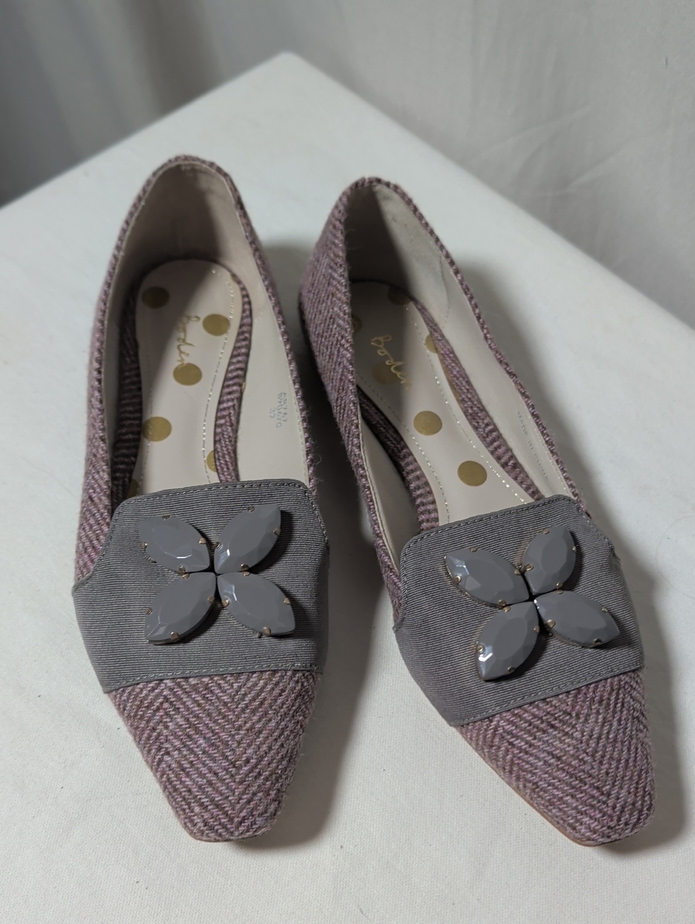 Boden Mauve Tweed Pointed Flats with Grey Jewel Accent Fall Season Versatility